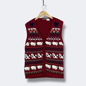 Vintage Capacity Knit Sweater Vest Womens L Red Sheep Fair Isle Animals Novelty